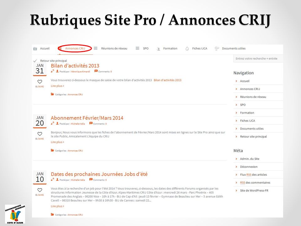 Rubriques Site Pro / Annonces CRIJ