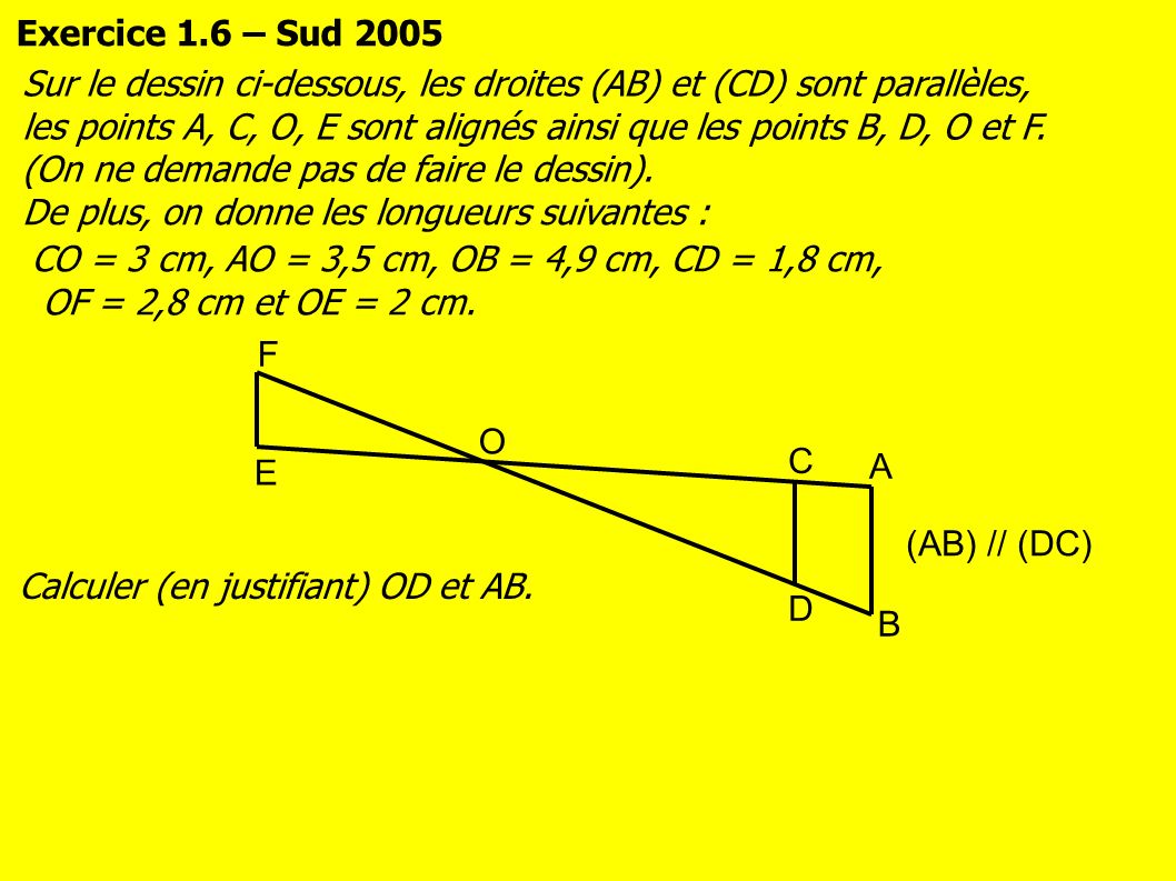 Exercice 1.6 – Sud 2005 Sur le dessin ci-dessous, les droites (AB) et (CD) sont parallèles, les points A, C, O, E sont alignés ainsi que les points B, D, O et F.