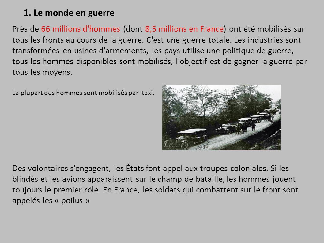 Près de 66 millions d hommes (dont 8,5 millions en France) ont été mobilisés sur tous les fronts au cours de la guerre.