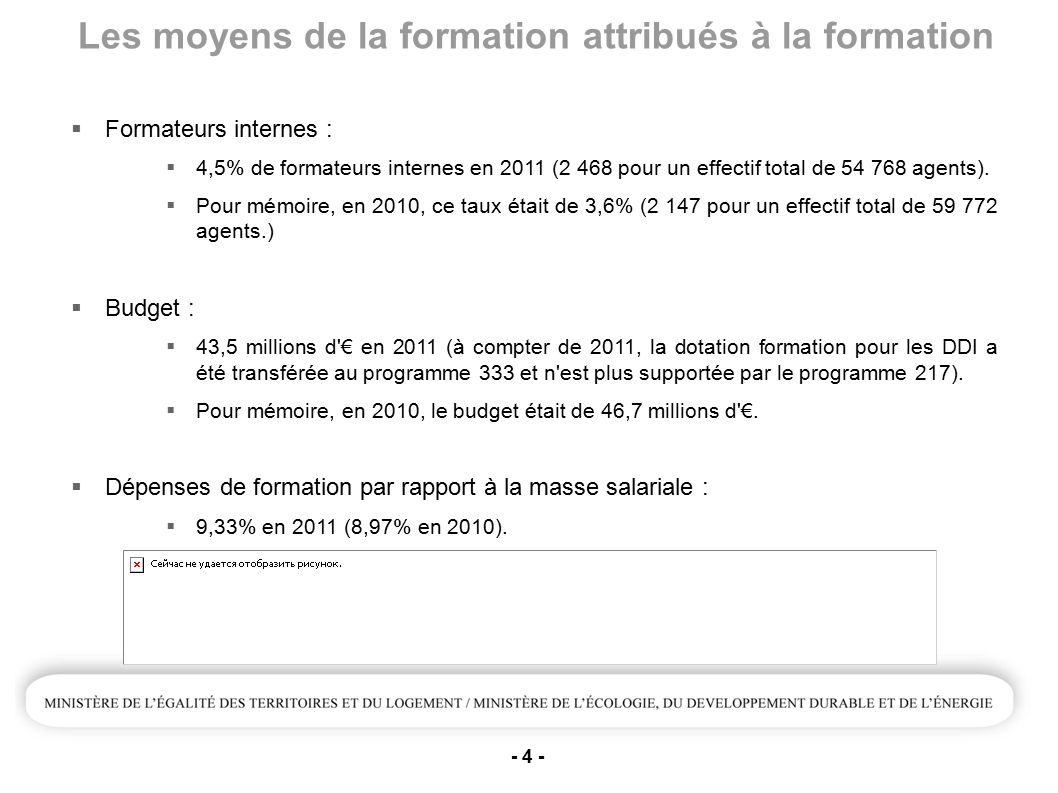 - 4 - Les moyens de la formation attribués à la formation  Formateurs internes :  4,5% de formateurs internes en 2011 (2 468 pour un effectif total de agents).
