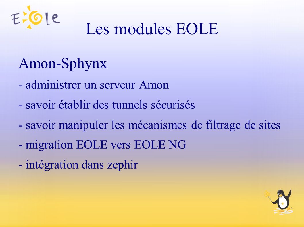 Les modules EOLE Amon-Sphynx - administrer un serveur Amon - savoir établir des tunnels sécurisés - savoir manipuler les mécanismes de filtrage de sites - migration EOLE vers EOLE NG - intégration dans zephir