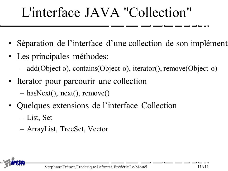 Stéphane Frénot, Frederique Laforest, Frédéric Le-Mouël IJA 11 L interface JAVA Collection Séparation de l’interface d’une collection de son implémentation (ex: file d’attente) -> polymorphisme Les principales méthodes: –add(Object o), contains(Object o), iterator(), remove(Object o) Iterator pour parcourir une collection –hasNext(), next(), remove() Quelques extensions de l’interface Collection –List, Set –ArrayList, TreeSet, Vector
