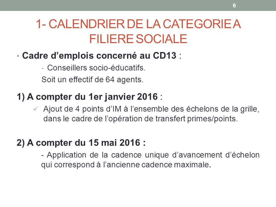 1- CALENDRIER DE LA CATEGORIE A FILIERE SOCIALE Cadre d’emplois concerné au CD13 : -Conseillers socio-éducatifs.