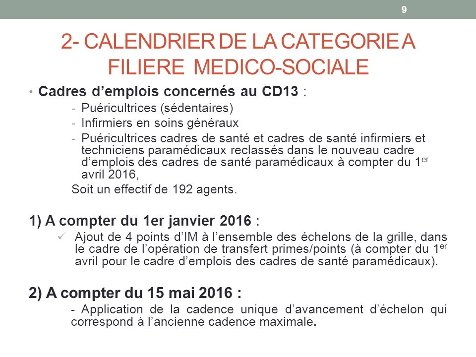 2- CALENDRIER DE LA CATEGORIE A FILIERE MEDICO-SOCIALE Cadres d’emplois concernés au CD13 : -Puéricultrices (sédentaires) -Infirmiers en soins généraux -Puéricultrices cadres de santé et cadres de santé infirmiers et techniciens paramédicaux reclassés dans le nouveau cadre d’emplois des cadres de santé paramédicaux à compter du 1 er avril 2016, Soit un effectif de 192 agents.