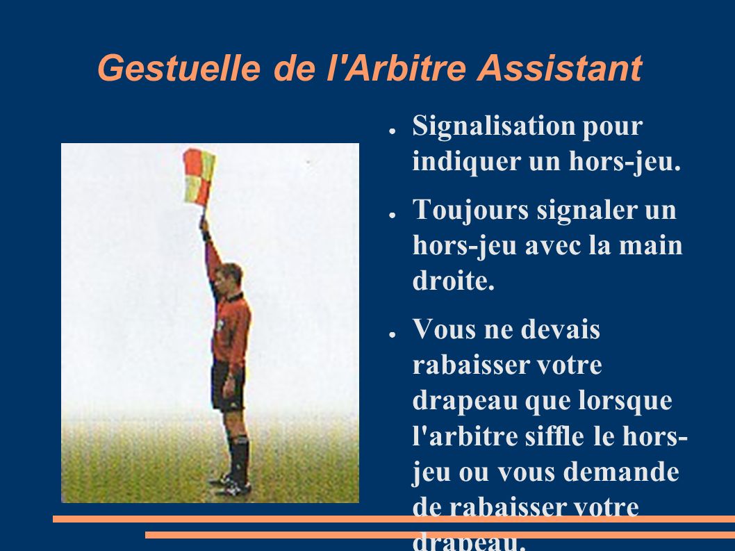 Gestuelle de l Arbitre Assistant ● Signalisation pour indiquer un hors-jeu.