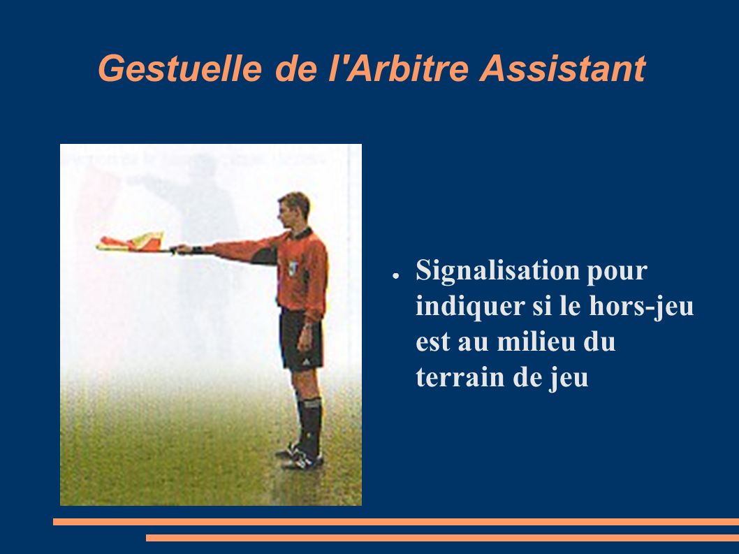 Gestuelle de l Arbitre Assistant ● Signalisation pour indiquer si le hors-jeu est au milieu du terrain de jeu