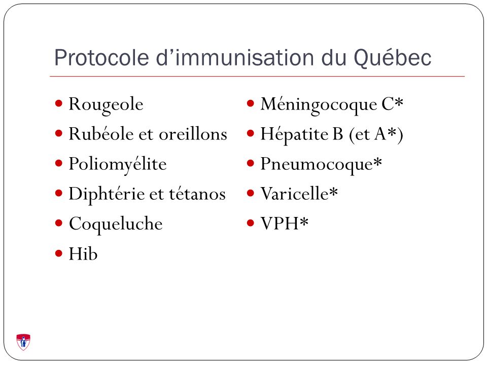 Protocole d’immunisation du Québec Rougeole Rubéole et oreillons Poliomyélite Diphtérie et tétanos Coqueluche Hib Méningocoque C* Hépatite B (et A*) Pneumocoque* Varicelle* VPH*
