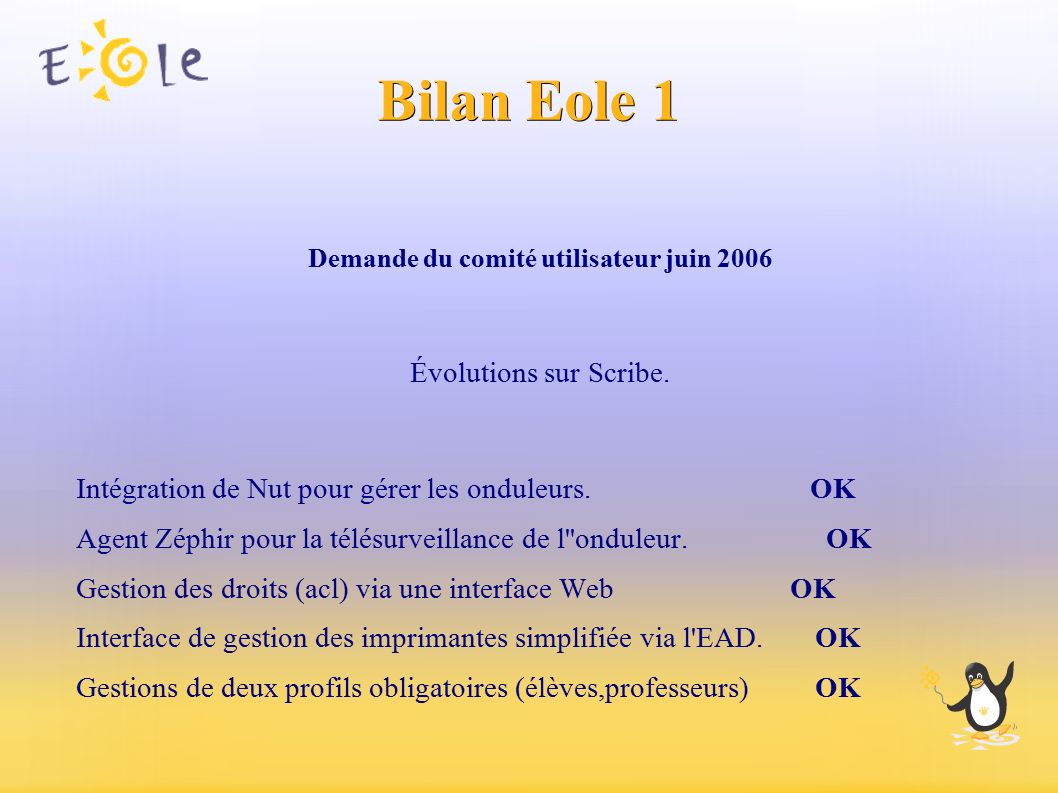 Bilan Eole 1 Demande du comité utilisateur juin 2006 Évolutions sur Scribe.