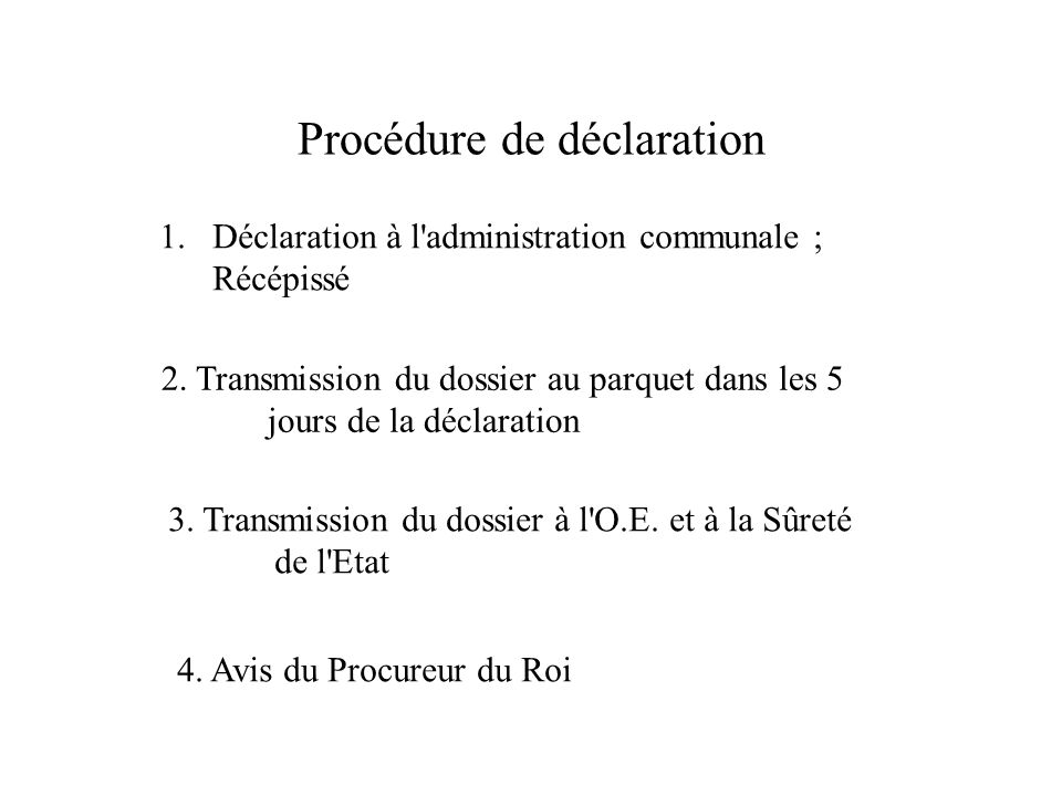 Procédure de déclaration 1.Déclaration à l administration communale ; Récépissé 2.