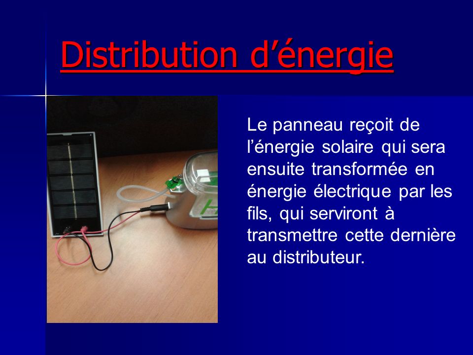 Distribution d’énergie Le panneau reçoit de l’énergie solaire qui sera ensuite transformée en énergie électrique par les fils, qui serviront à transmettre cette dernière au distributeur.