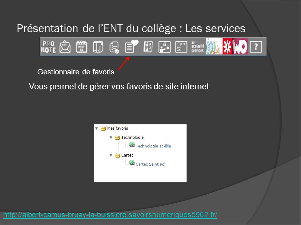 Présentation de l’ENT du collège : Les services   Gestionnaire de favoris Vous permet de gérer vos favoris de site internet.