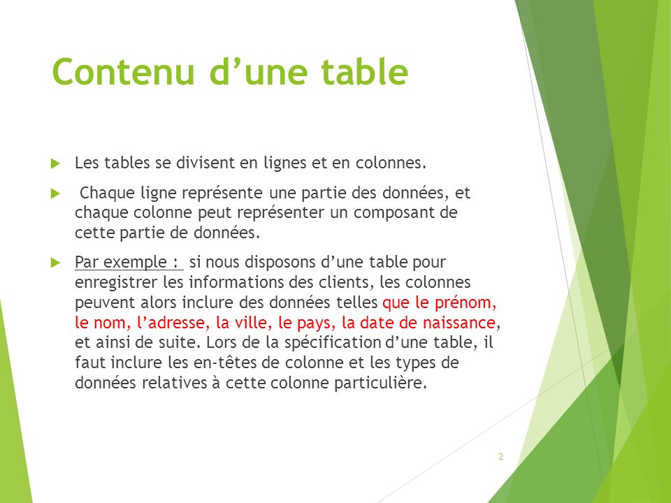 Contenu d’une table  Les tables se divisent en lignes et en colonnes.