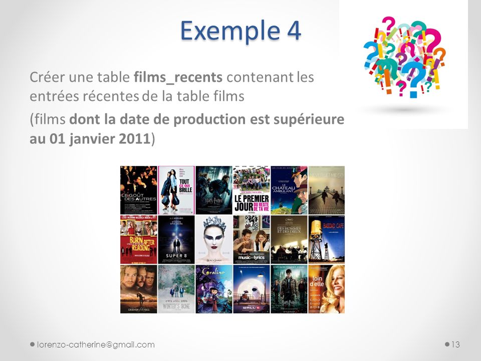 Exemple 4 Créer une table films_recents contenant les entrées récentes de la table films (films dont la date de production est supérieure au 01 janvier 2011)