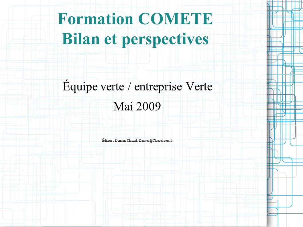 Formation COMETE Bilan et perspectives Équipe verte / entreprise Verte Mai 2009 Éditeur : Damien Clauzel,