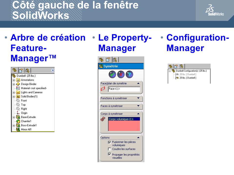 Côté gauche de la fenêtre SolidWorks Arbre de création Feature- Manager™ Le Property- Manager Configuration- Manager