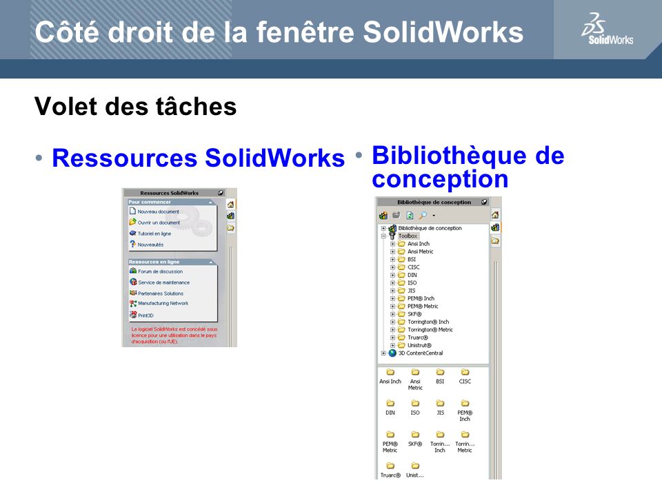 Côté droit de la fenêtre SolidWorks Volet des tâches Ressources SolidWorks Bibliothèque de conception
