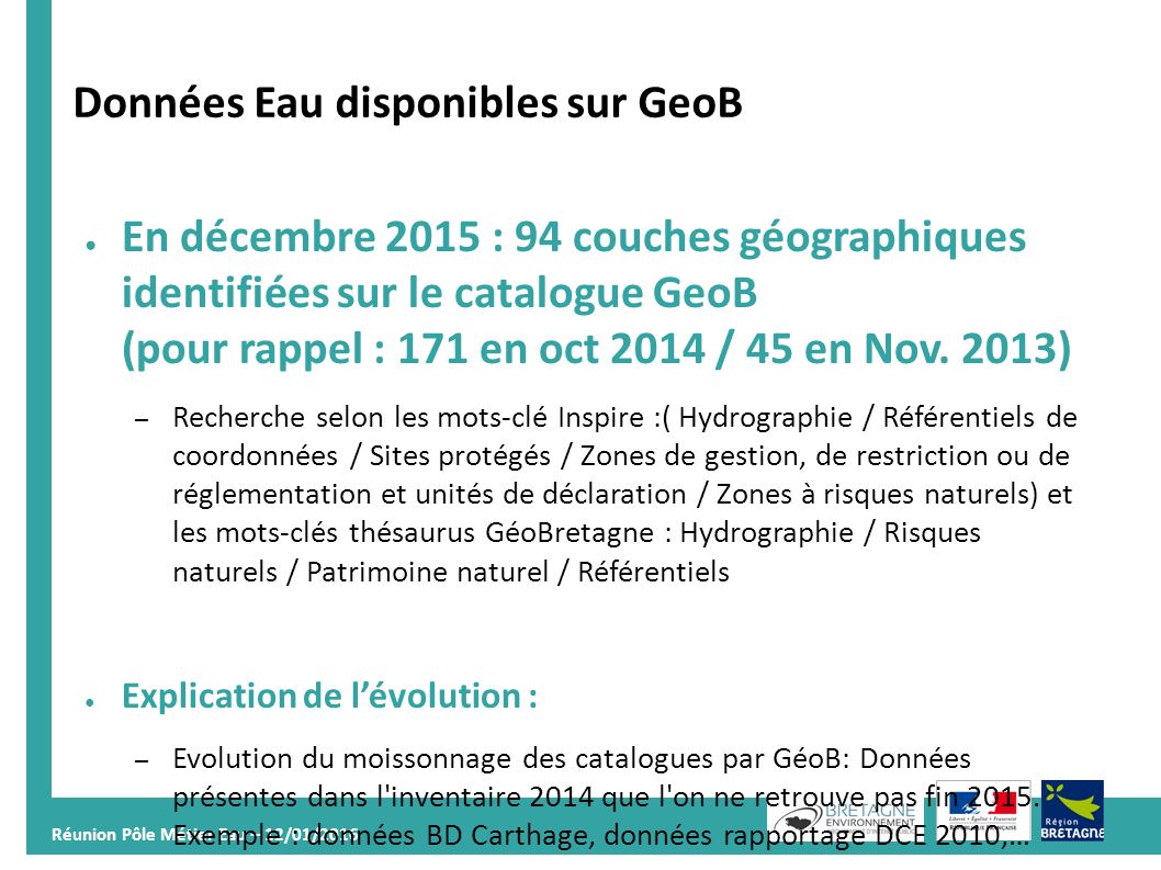 Réunion Pôle Métier Eau – 12/01/ Données Eau disponibles sur GeoB ● En décembre 2015 : 94 couches géographiques identifiées sur le catalogue GeoB (pour rappel : 171 en oct 2014 / 45 en Nov.