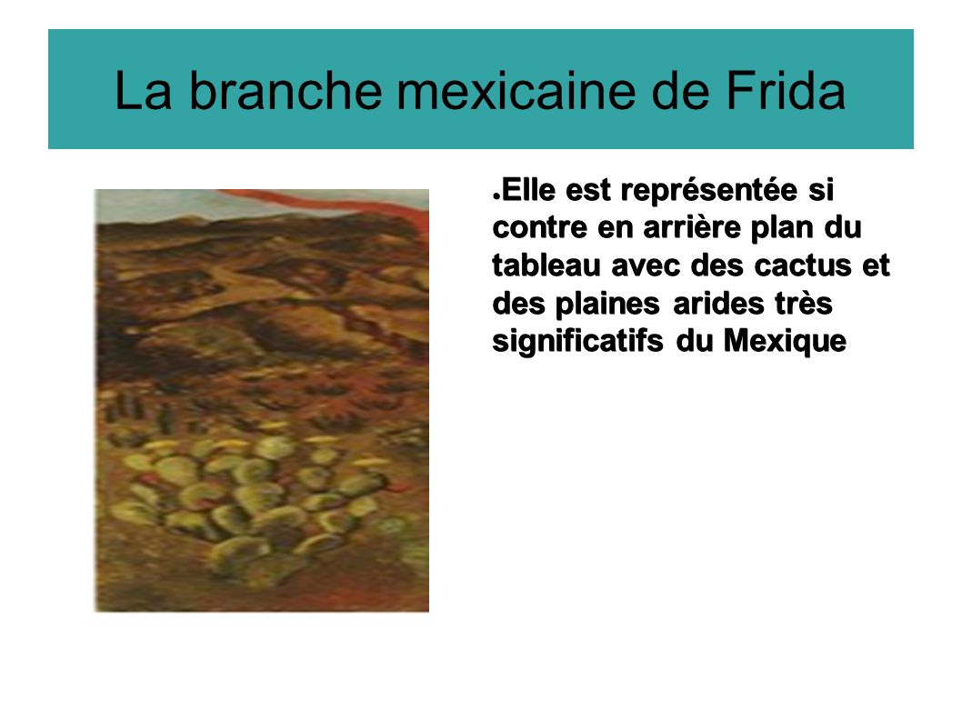 La branche mexicaine de Frida ● Elle est représentée si contre en arrière plan du tableau avec des cactus et des plaines arides très significatifs du Mexique