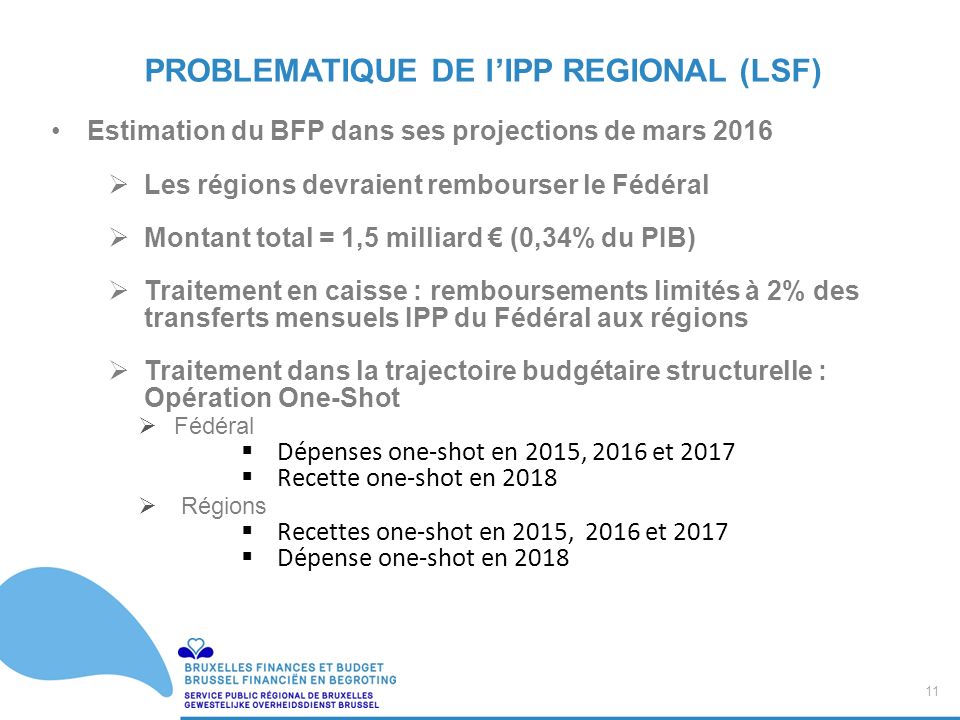 11 / Estimation du BFP dans ses projections de mars 2016  Les régions devraient rembourser le Fédéral  Montant total = 1,5 milliard € (0,34% du PIB)  Traitement en caisse : remboursements limités à 2% des transferts mensuels IPP du Fédéral aux régions  Traitement dans la trajectoire budgétaire structurelle : Opération One-Shot  Fédéral  Dépenses one-shot en 2015, 2016 et 2017  Recette one-shot en 2018  Régions  Recettes one-shot en 2015, 2016 et 2017  Dépense one-shot en 2018 PROBLEMATIQUE DE l’IPP REGIONAL (LSF)