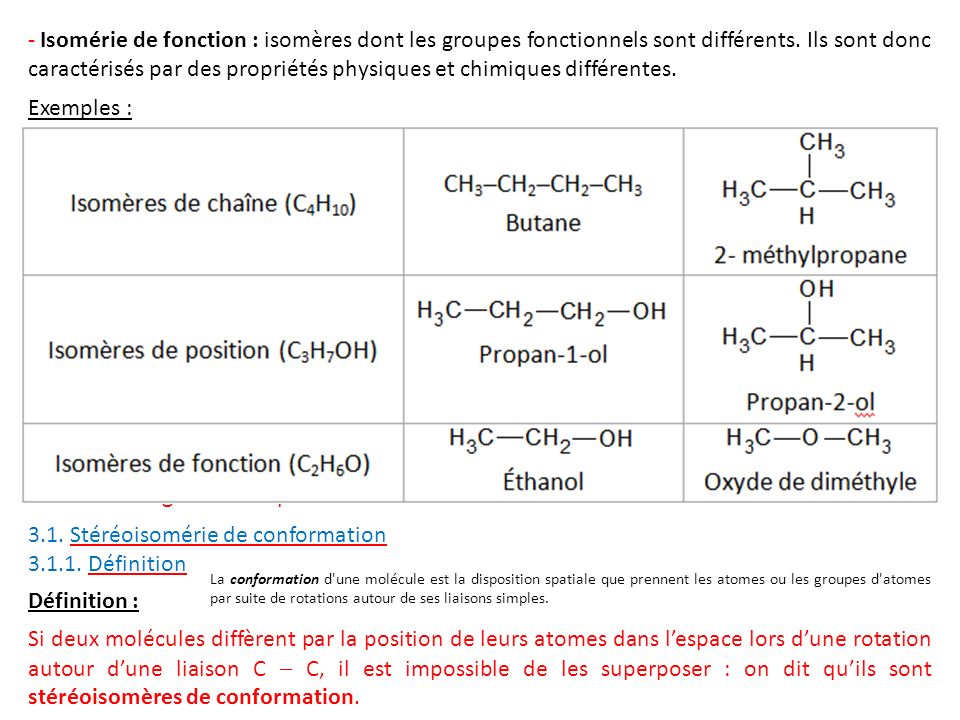 - Isomérie de fonction : isomères dont les groupes fonctionnels sont différents.