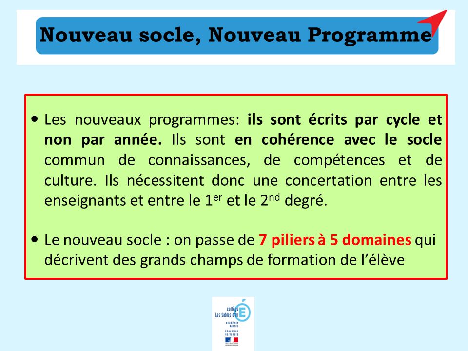 Nouveau socle, Nouveau Programme Les nouveaux programmes: ils sont écrits par cycle et non par année.