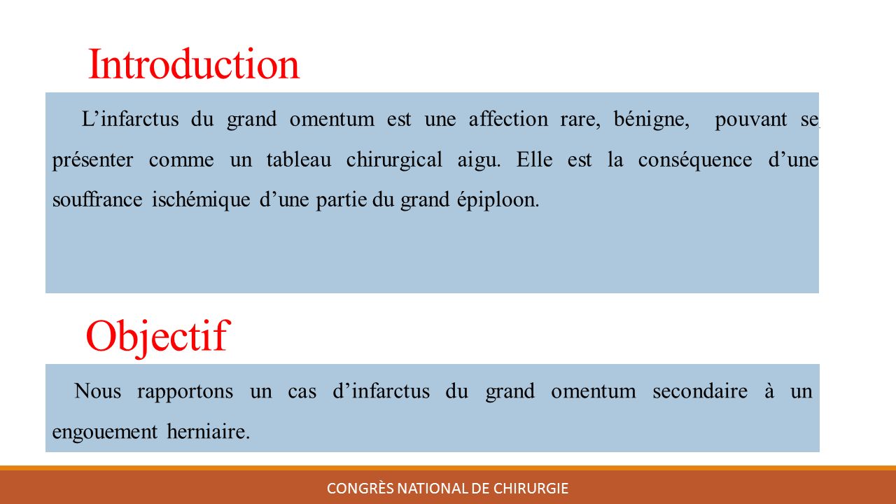 Introduction L’infarctus du grand omentum est une affection rare, bénigne, pouvant se présenter comme un tableau chirurgical aigu.