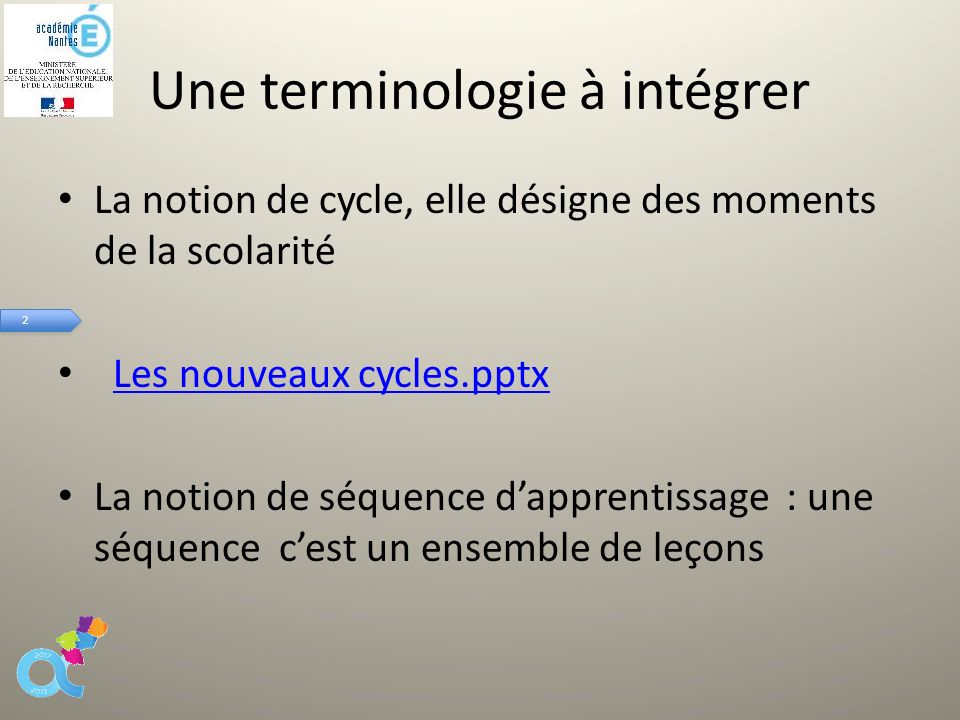 2 2 Une terminologie à intégrer La notion de cycle, elle désigne des moments de la scolarité Les nouveaux cycles.pptx La notion de séquence d’apprentissage : une séquence c’est un ensemble de leçons
