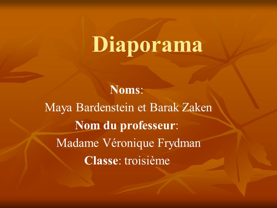 Diaporama Noms: Maya Bardenstein et Barak Zaken Nom du professeur: Madame Véronique Frydman Classe: troisième