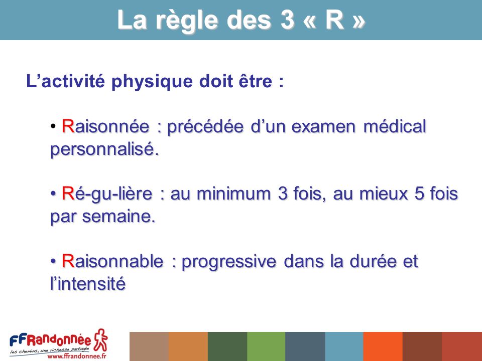 La règle des 3 « R » L’activité physique doit être : Raisonnée : précédée d’un examen médical personnalisé.