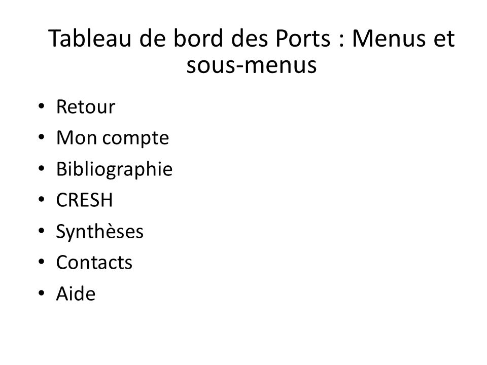 Tableau de bord des Ports : Menus et sous-menus Retour Mon compte Bibliographie CRESH Synthèses Contacts Aide