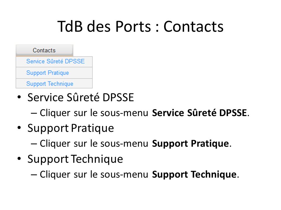 TdB des Ports : Contacts Service Sûreté DPSSE – Cliquer sur le sous-menu Service Sûreté DPSSE.