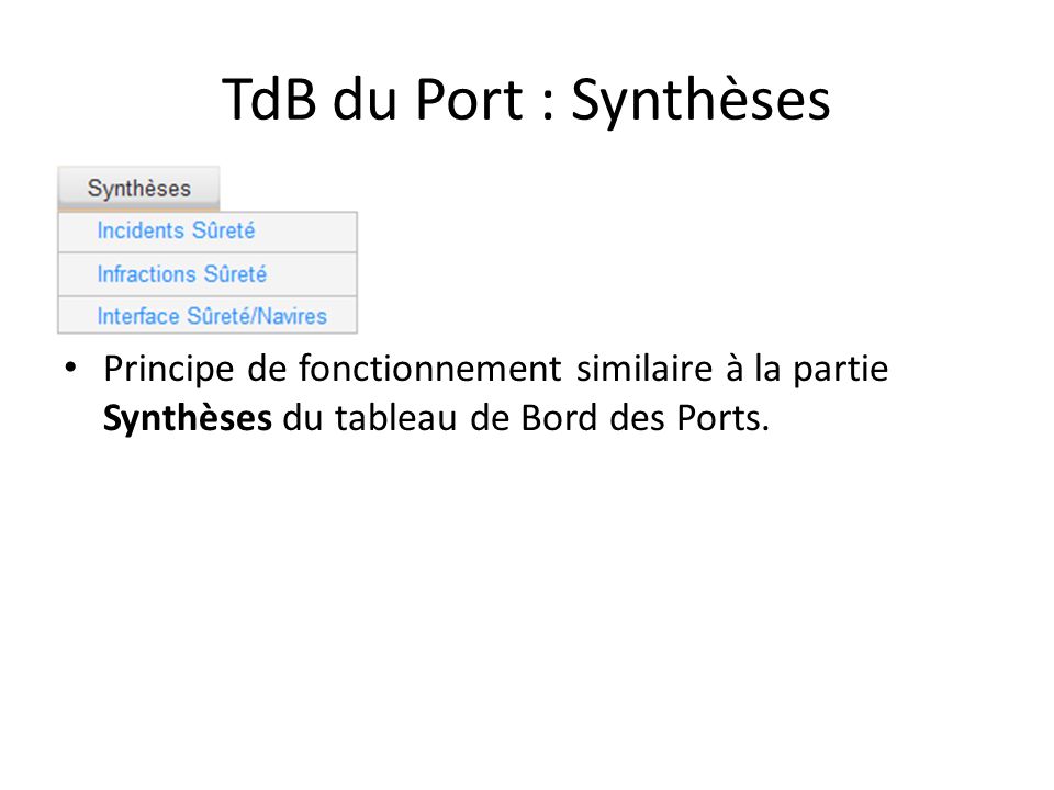 TdB du Port : Synthèses Principe de fonctionnement similaire à la partie Synthèses du tableau de Bord des Ports.