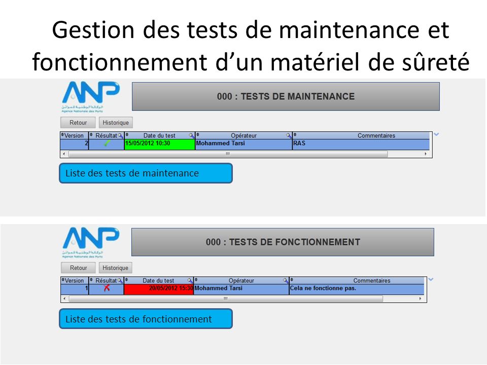Gestion des tests de maintenance et fonctionnement d’un matériel de sûreté Liste des tests de maintenance Liste des tests de fonctionnement