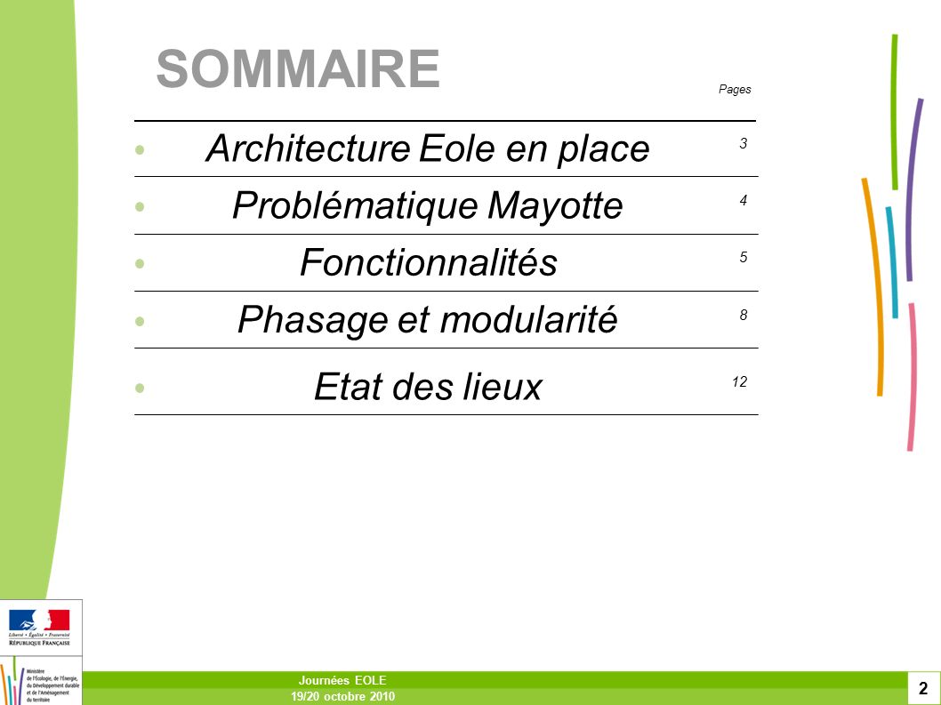 Pages Journées EOLE 19/20 octobre SOMMAIRE Fonctionnalités 5 Phasage et modularité 8 Architecture Eole en place 3 Problématique Mayotte 4 Etat des lieux 12