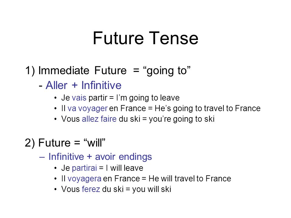 Future Tense 1) Immediate Future = going to - Aller + Infinitive Je vais partir = I’m going to leave Il va voyager en France = He’s going to travel to France Vous allez faire du ski = you’re going to ski 2) Future = will –Infinitive + avoir endings Je partirai = I will leave Il voyagera en France = He will travel to France Vous ferez du ski = you will ski