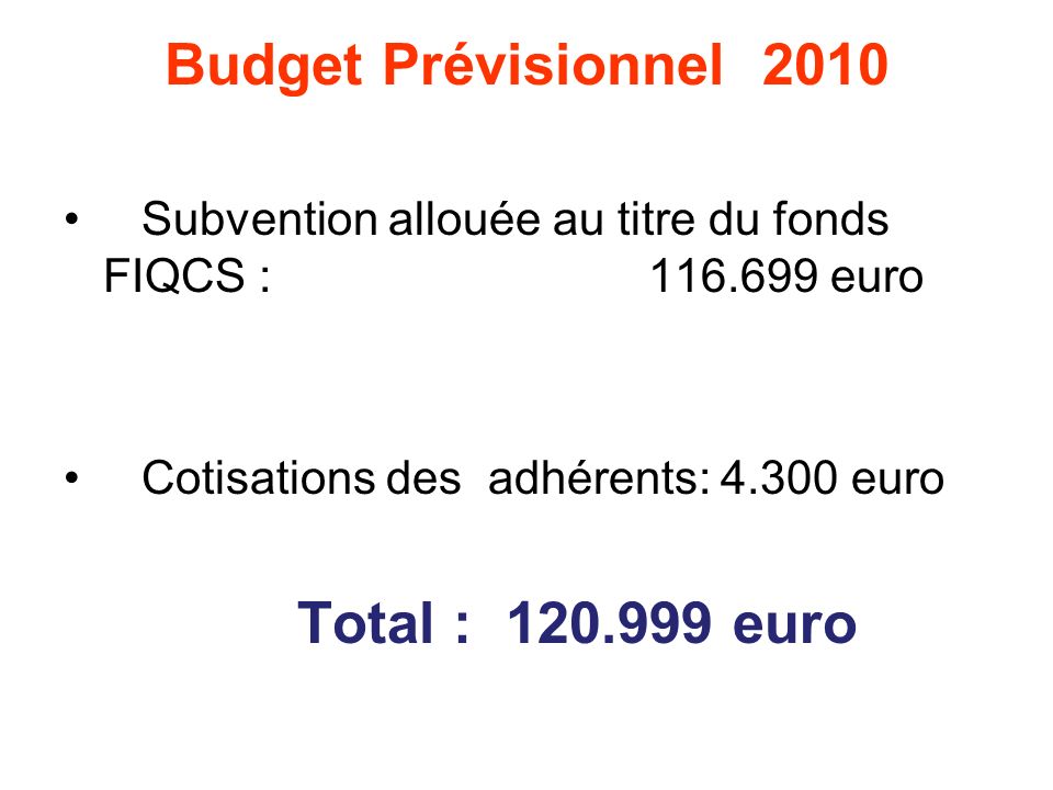 Budget Prévisionnel 2010 Subvention allouée au titre du fonds FIQCS : euro Cotisations des adhérents: euro Total : euro