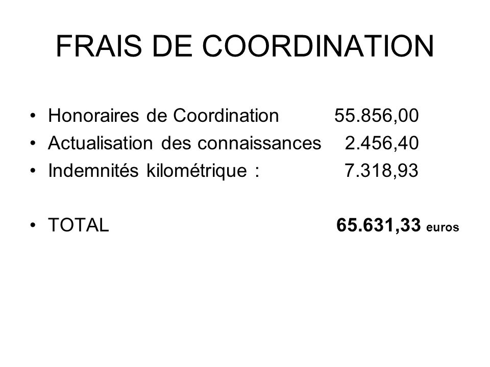 FRAIS DE COORDINATION Honoraires de Coordination ,00 Actualisation des connaissances 2.456,40 Indemnités kilométrique : 7.318,93 TOTAL ,33 euros