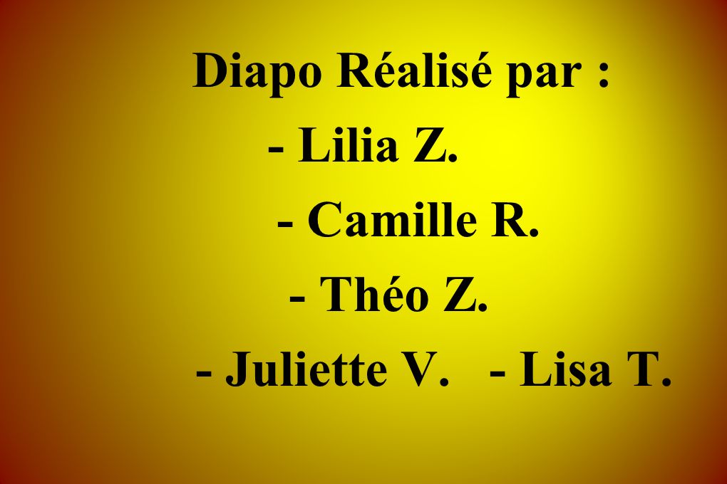 Diapo Réalisé par : - Lilia Z. - Camille R. - Théo Z. - Juliette V. - Lisa T.