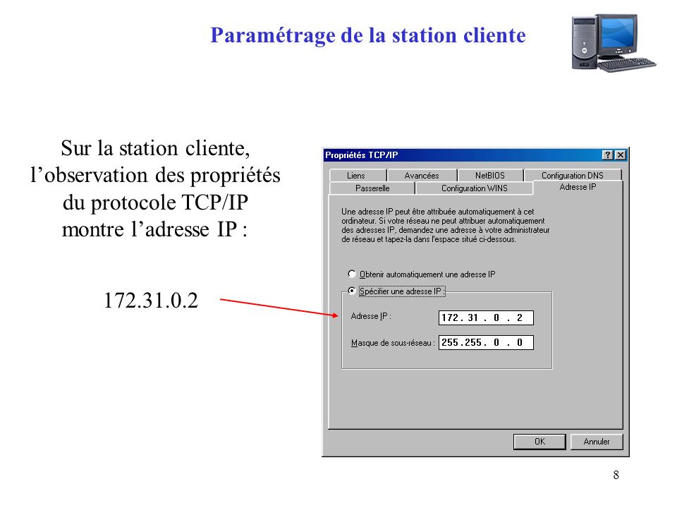 8 Paramétrage de la station cliente Sur la station cliente, l’observation des propriétés du protocole TCP/IP montre l’adresse IP :