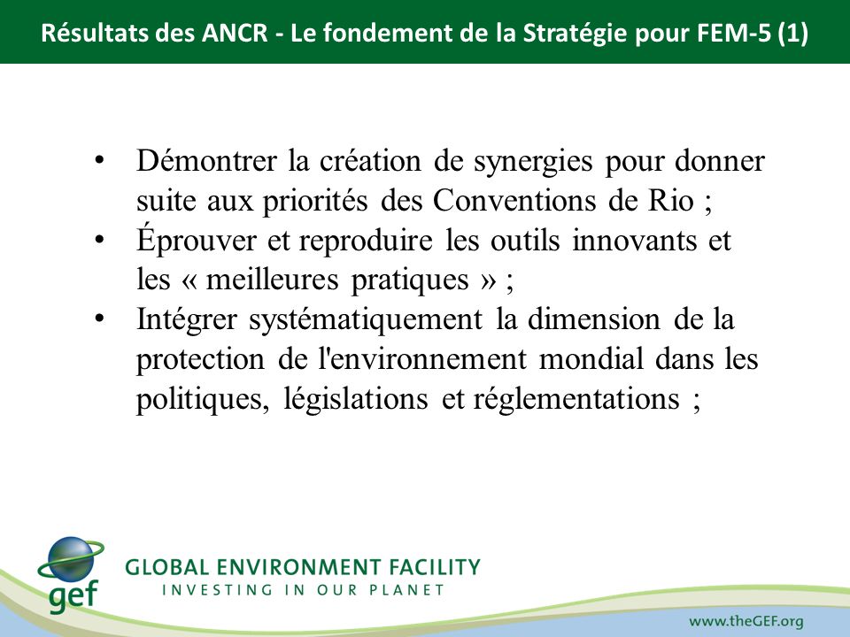 Démontrer la création de synergies pour donner suite aux priorités des Conventions de Rio ; Éprouver et reproduire les outils innovants et les « meilleures pratiques » ; Intégrer systématiquement la dimension de la protection de l environnement mondial dans les politiques, législations et réglementations ; Résultats des ANCR - Le fondement de la Stratégie pour FEM-5 (1)