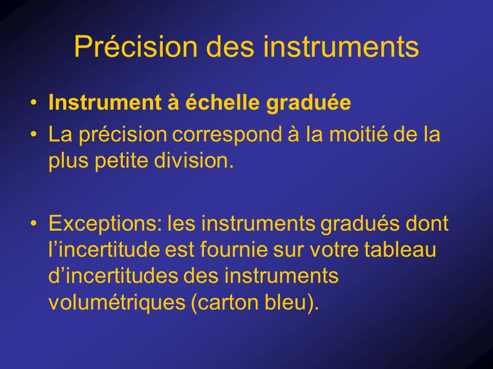 Précision des instruments Instrument à échelle graduée La précision correspond à la moitié de la plus petite division.