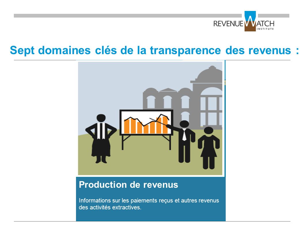 Sept domaines clés de la transparence des revenus : Production de revenus Informations sur les paiements reçus et autres revenus des activités extractives.
