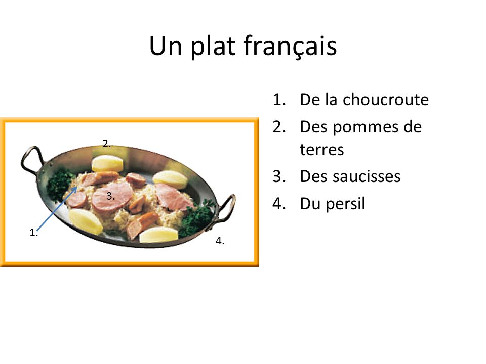 Un plat français 1.De la choucroute 2.Des pommes de terres 3.Des saucisses 4.Du persil