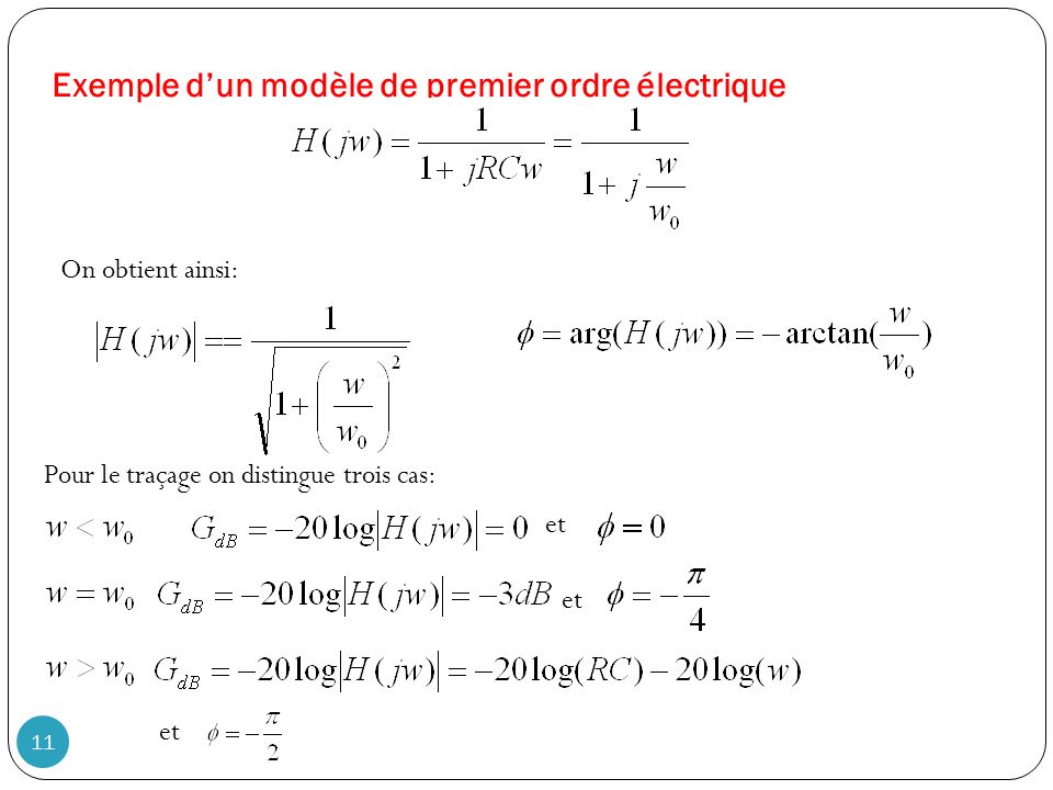 Exemple d’un modèle de premier ordre électrique On obtient ainsi: Pour le traçage on distingue trois cas: et 11