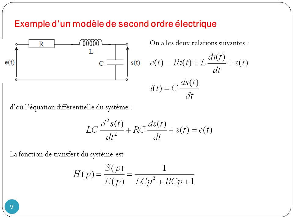 Exemple d’un modèle de second ordre électrique On a les deux relations suivantes : d’où l’équation différentielle du système : La fonction de transfert du système est 9