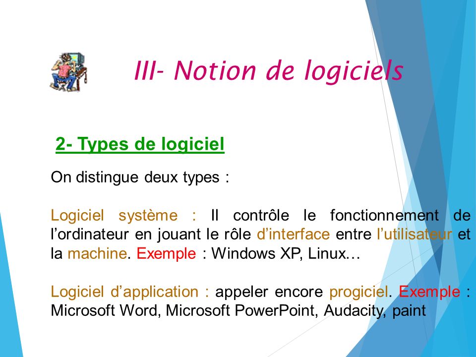 III- Notion de logiciels 2- Types de logiciel On distingue deux types : Logiciel système : Il contrôle le fonctionnement de l’ordinateur en jouant le rôle d’interface entre l’utilisateur et la machine.
