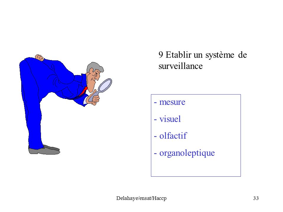 Delahaye/ensat/Haccp33 9 Etablir un système de surveillance - mesure - visuel - olfactif - organoleptique
