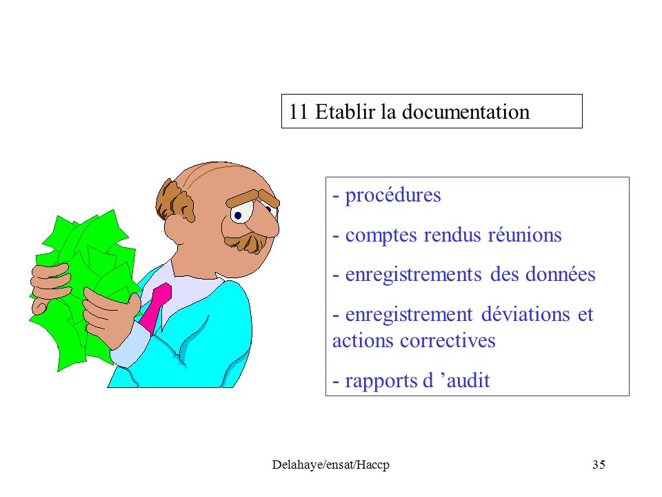 Delahaye/ensat/Haccp35 11 Etablir la documentation - procédures - comptes rendus réunions - enregistrements des données - enregistrement déviations et actions correctives - rapports d ’audit