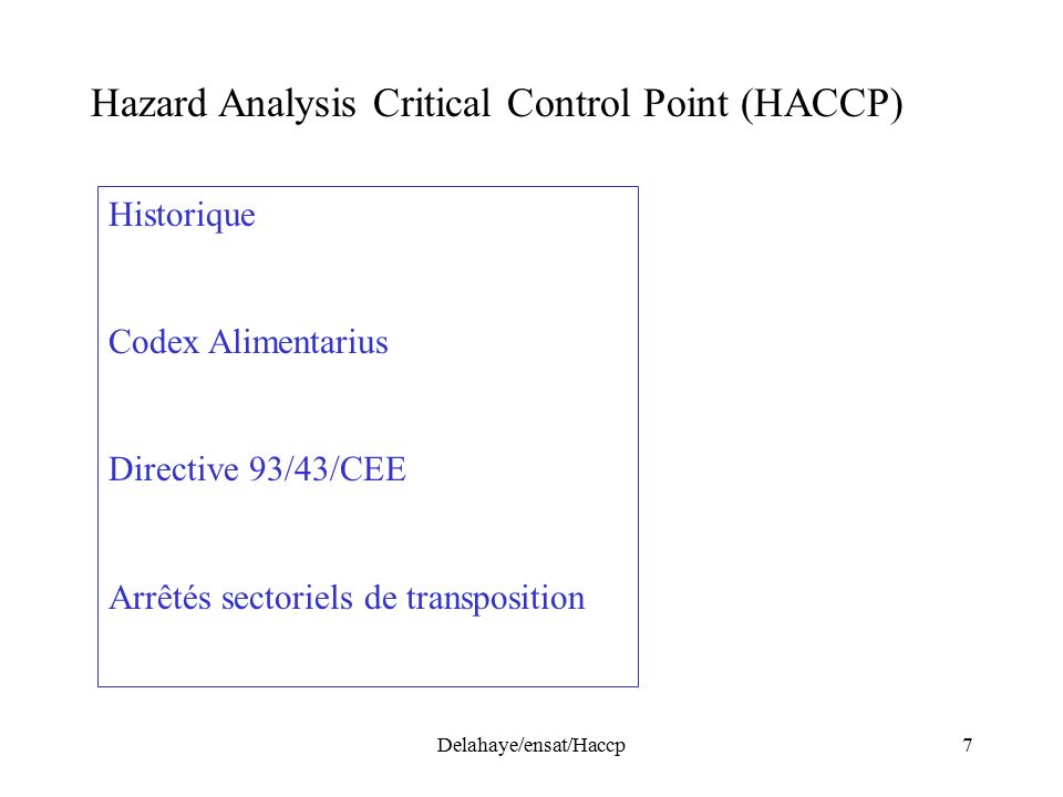 Delahaye/ensat/Haccp7 Hazard Analysis Critical Control Point (HACCP) Historique Codex Alimentarius Directive 93/43/CEE Arrêtés sectoriels de transposition
