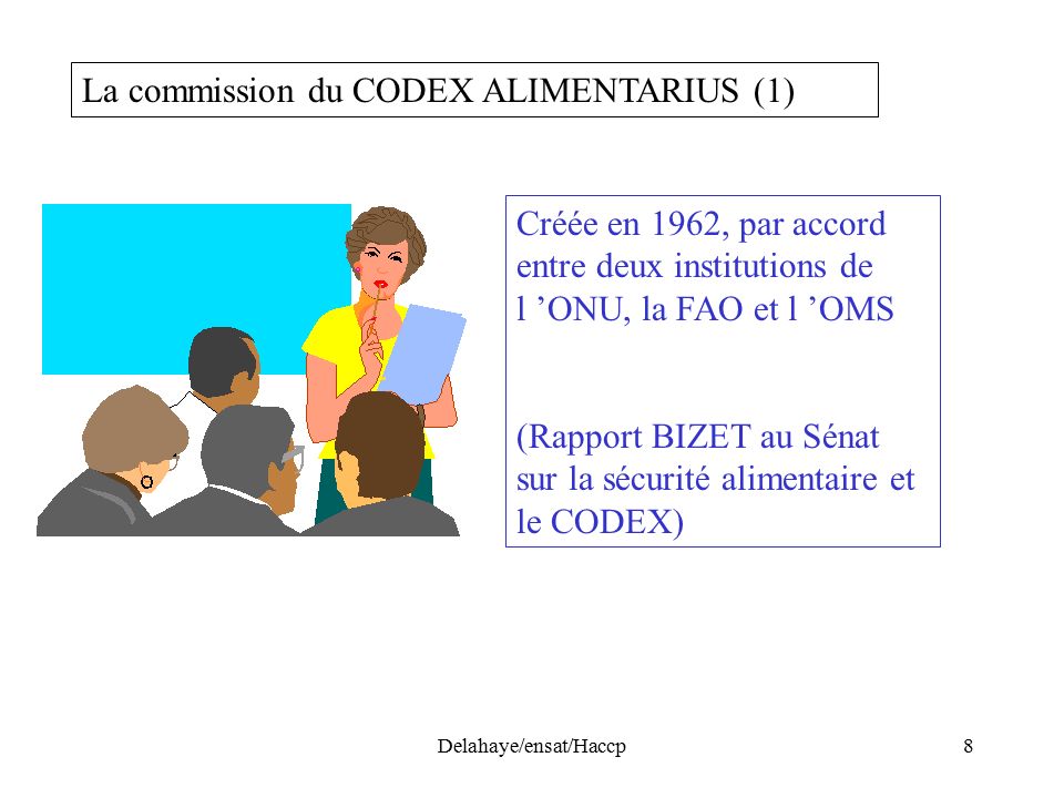 Delahaye/ensat/Haccp8 La commission du CODEX ALIMENTARIUS (1) Créée en 1962, par accord entre deux institutions de l ’ONU, la FAO et l ’OMS (Rapport BIZET au Sénat sur la sécurité alimentaire et le CODEX)
